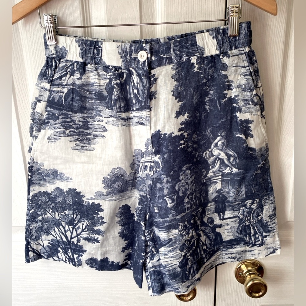 COS Blue/White French Toile 100% Linen High Rise Dressy Shorts SZ S